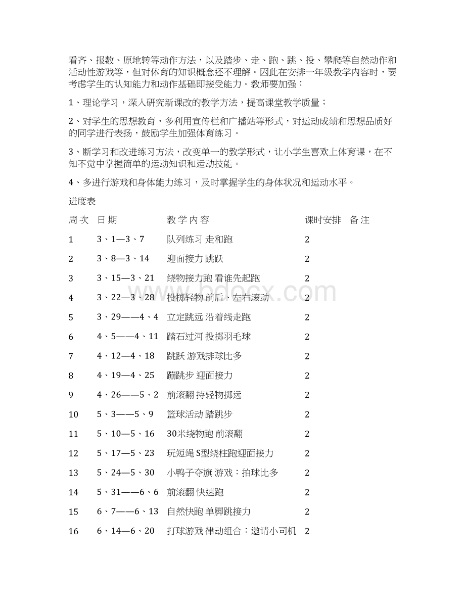 小学一年级下册体育教学计划及教案1Word文件下载.docx_第2页