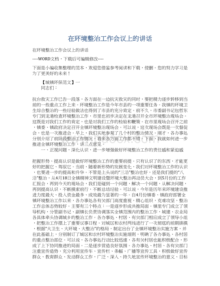 在环境整治工作会议上的讲话.docx