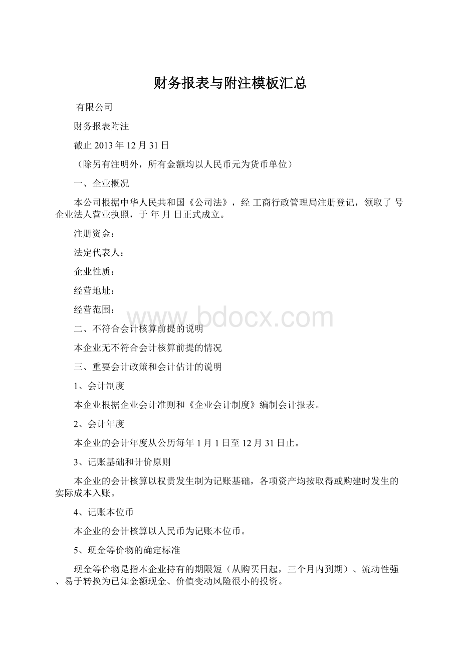 财务报表与附注模板汇总Word格式文档下载.docx