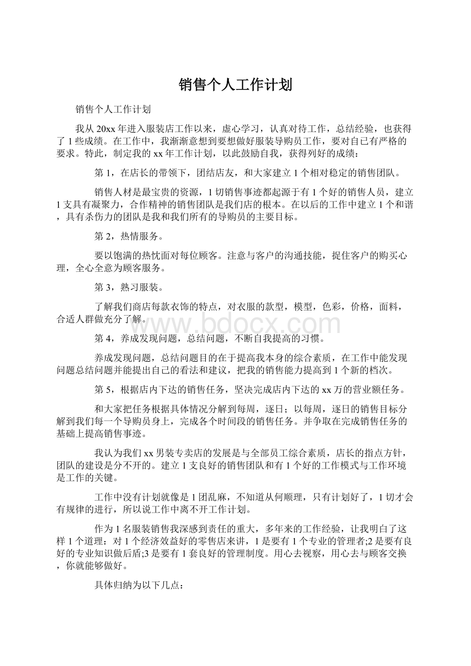 销售个人工作计划文档格式.docx