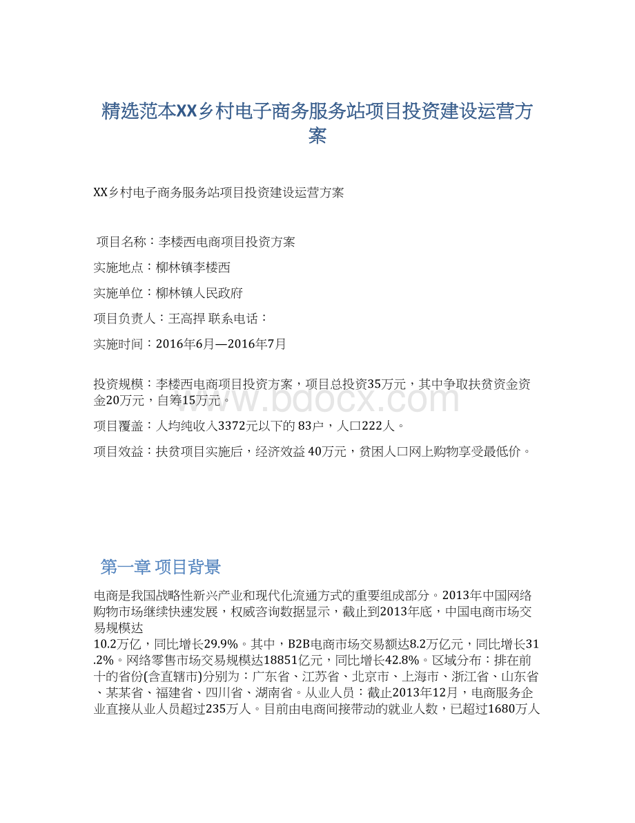 精选范本XX乡村电子商务服务站项目投资建设运营方案.docx