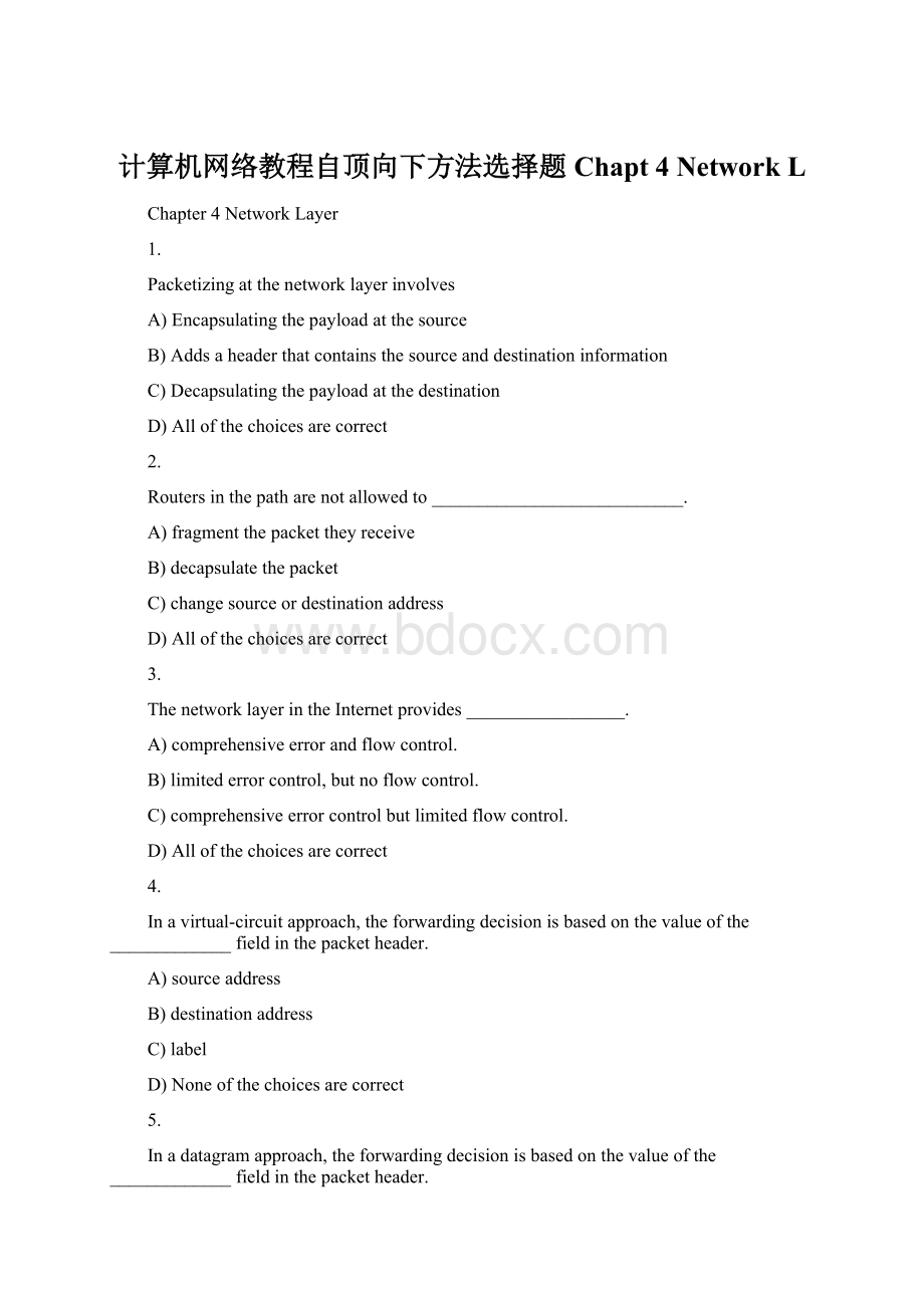 计算机网络教程自顶向下方法选择题 Chapt 4 Network L.docx_第1页