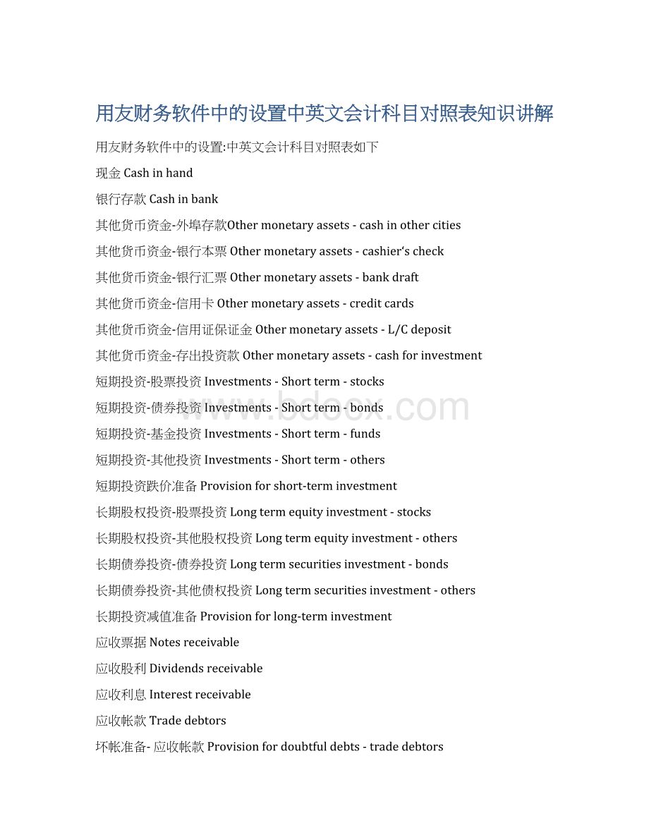 用友财务软件中的设置中英文会计科目对照表知识讲解.docx_第1页