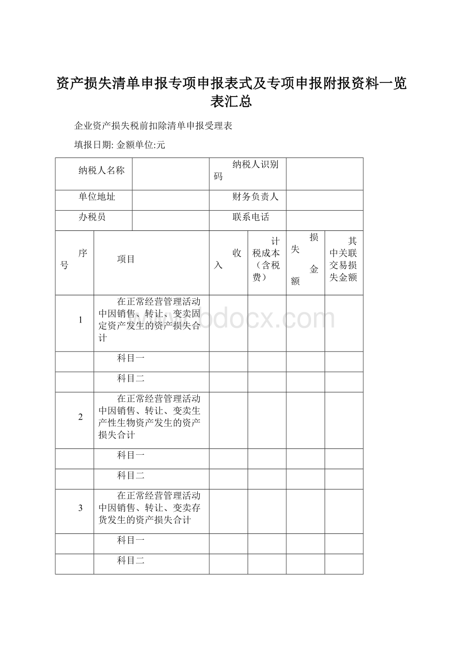 资产损失清单申报专项申报表式及专项申报附报资料一览表汇总.docx