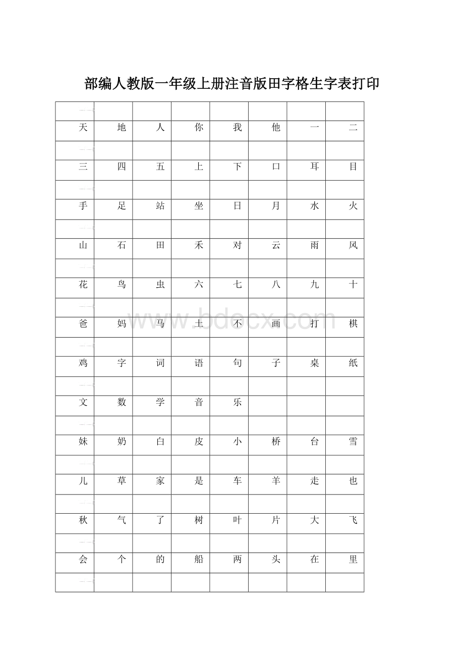 部编人教版一年级上册注音版田字格生字表打印.docx