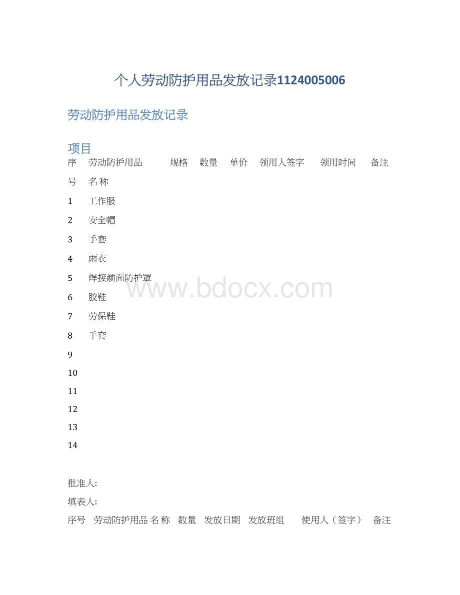 个人劳动防护用品发放记录1124005006Word文件下载.docx