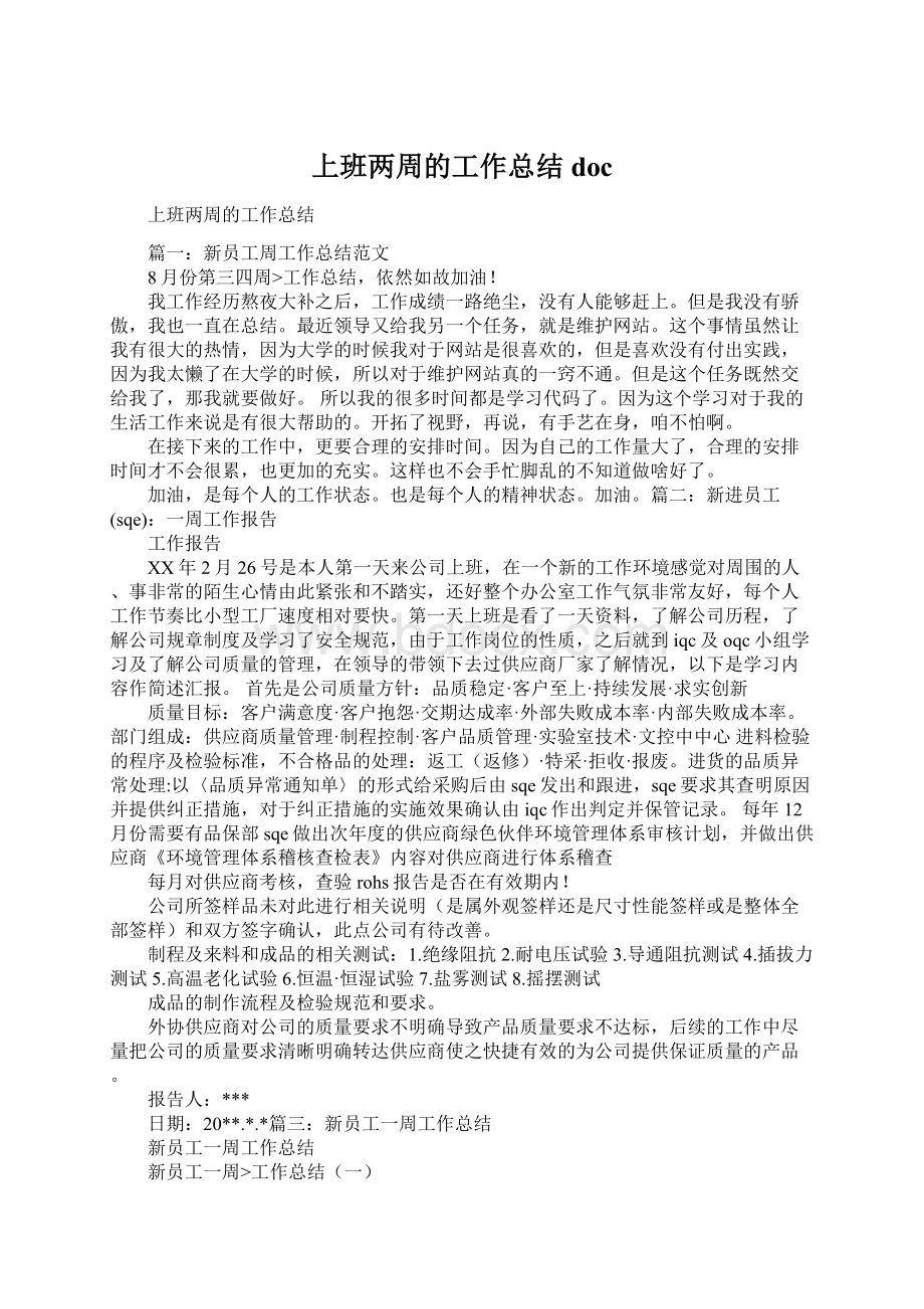 上班两周的工作总结docWord格式文档下载.docx