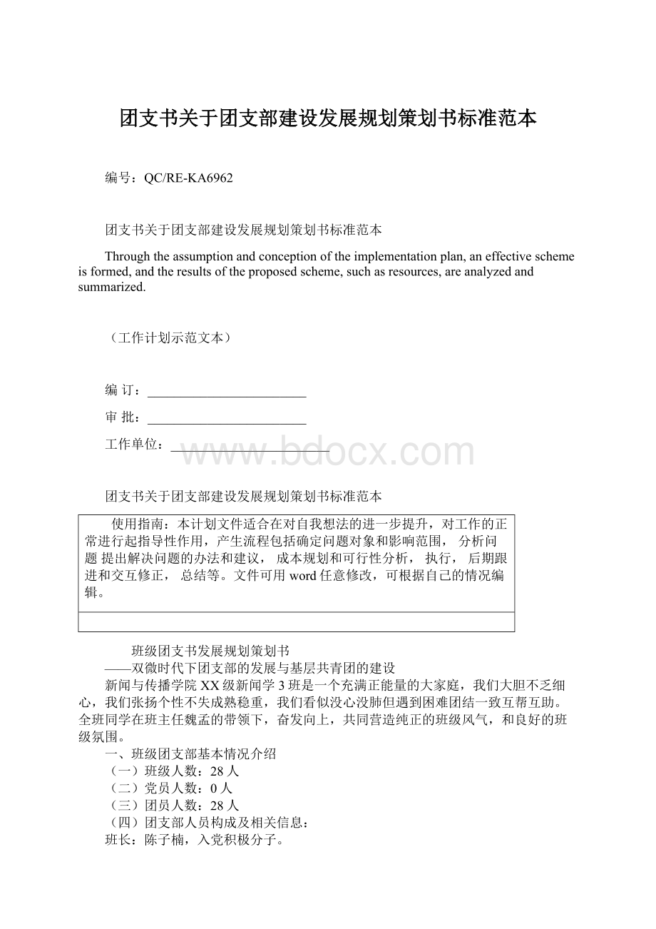 团支书关于团支部建设发展规划策划书标准范本.docx