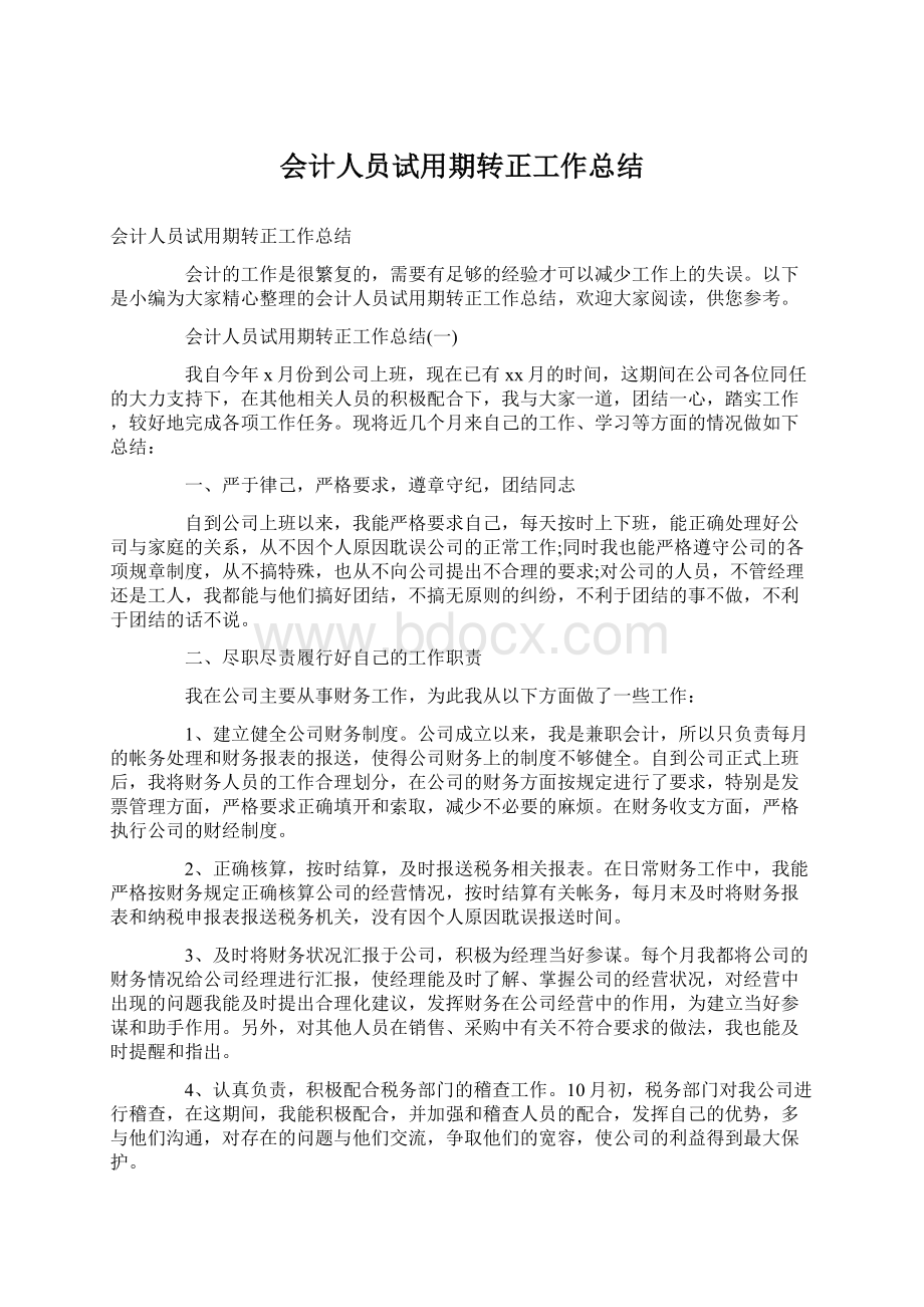 会计人员试用期转正工作总结Word格式.docx