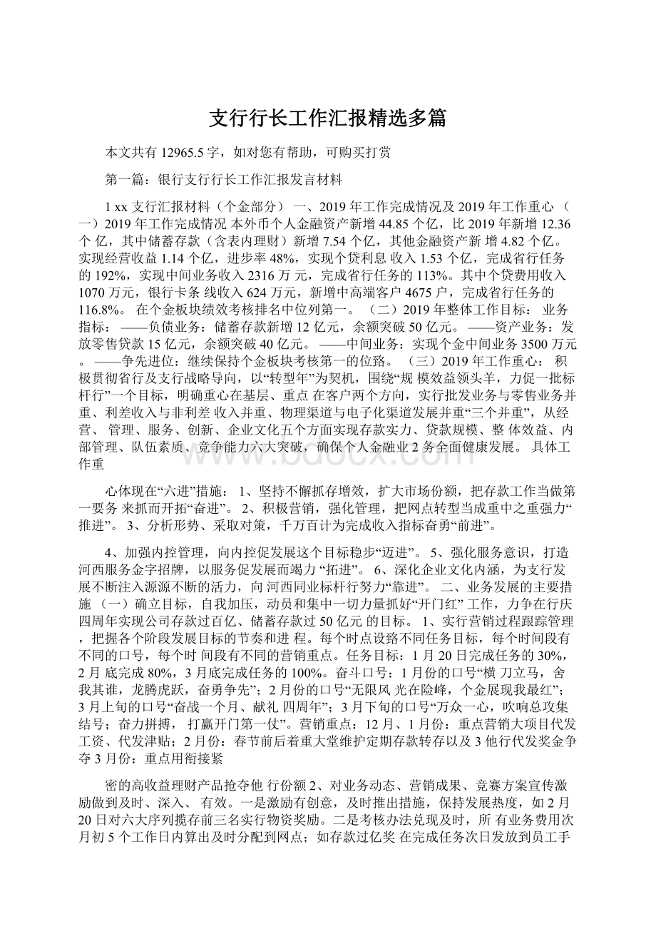 支行行长工作汇报精选多篇.docx_第1页