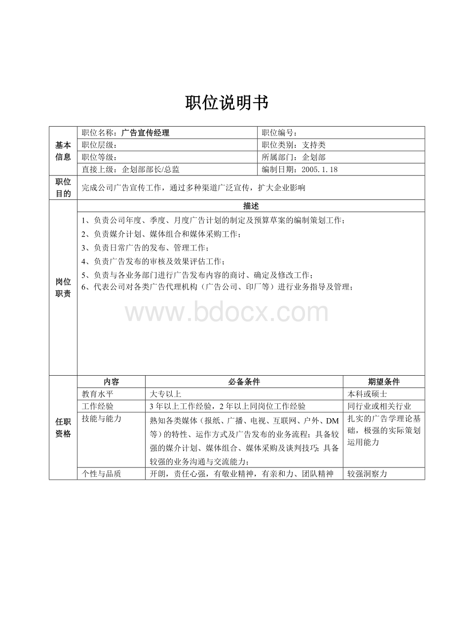 XX集团公司详细岗位说明书大全-总部企划部职位说明书Word下载.doc_第2页