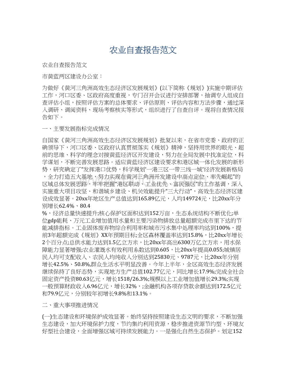 农业自查报告范文Word格式.docx