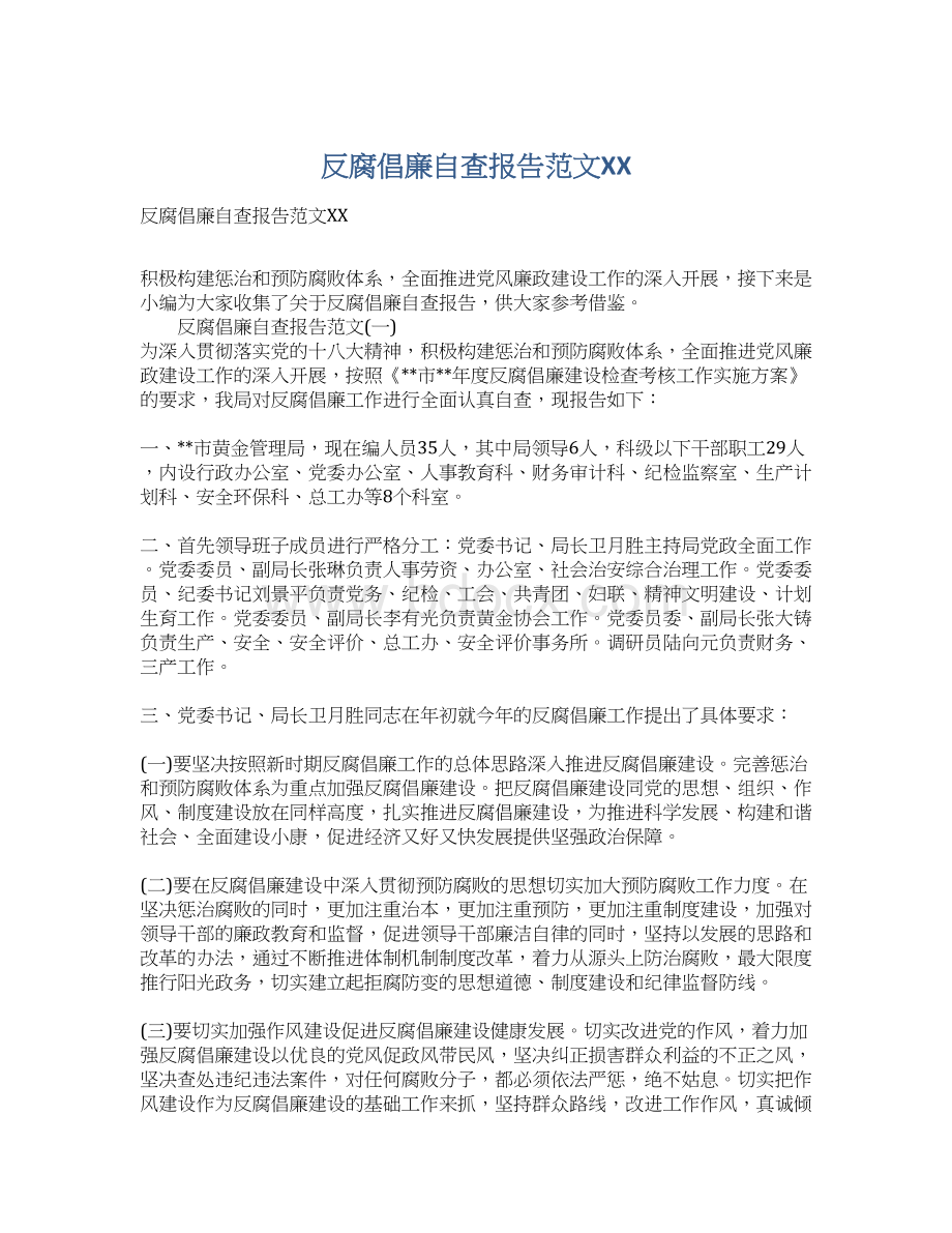 反腐倡廉自查报告范文XX.docx