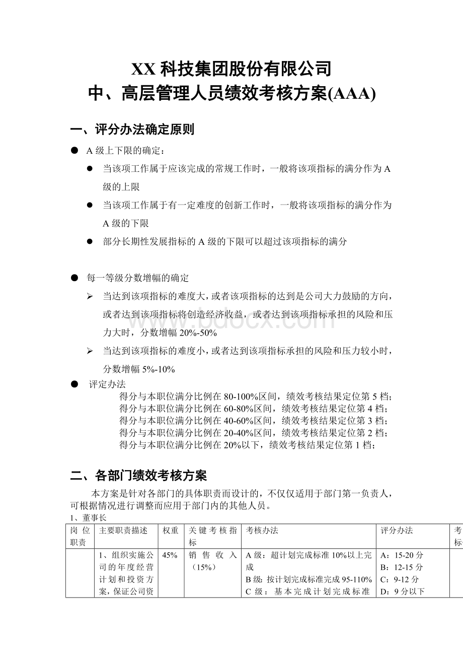 XX科技集团股份有限公司中、高层管理人员绩效考核方案Word文件下载.doc_第1页