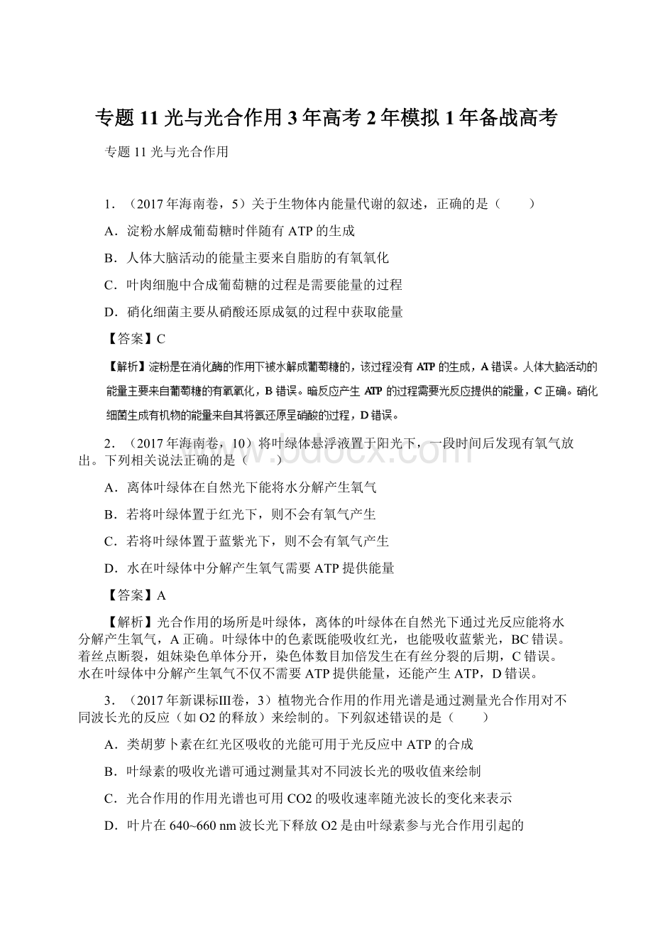 专题11 光与光合作用3年高考2年模拟1年备战高考.docx