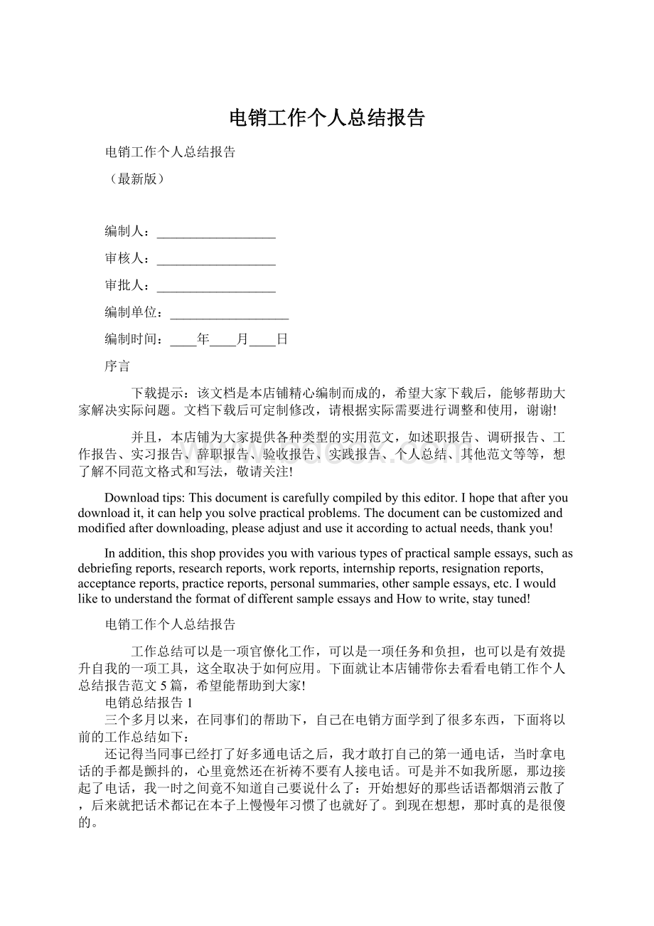 电销工作个人总结报告文档格式.docx