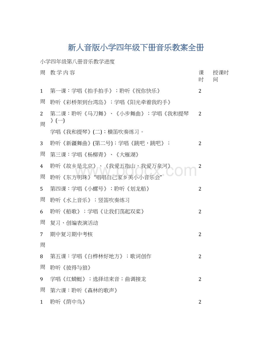 新人音版小学四年级下册音乐教案全册.docx