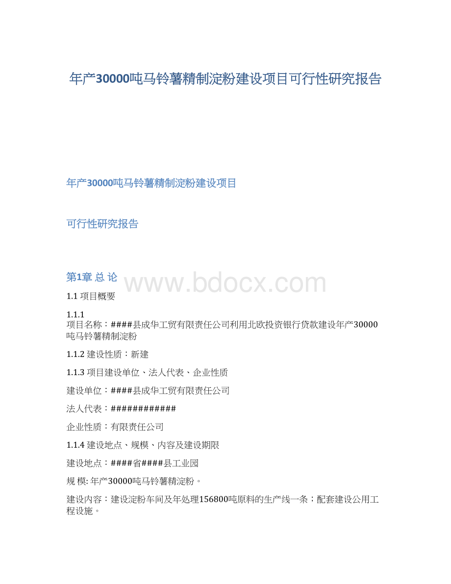 年产30000吨马铃薯精制淀粉建设项目可行性研究报告.docx_第1页