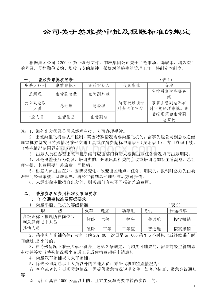 公司关于差旅费审批及报账标准的规定Word格式文档下载.doc_第1页