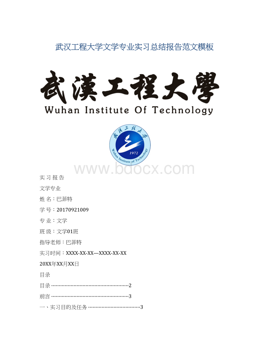 武汉工程大学文学专业实习总结报告范文模板.docx