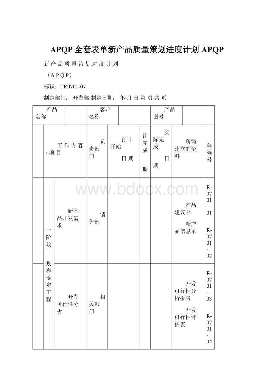 APQP全套表单新产品质量策划进度计划APQP.docx_第1页