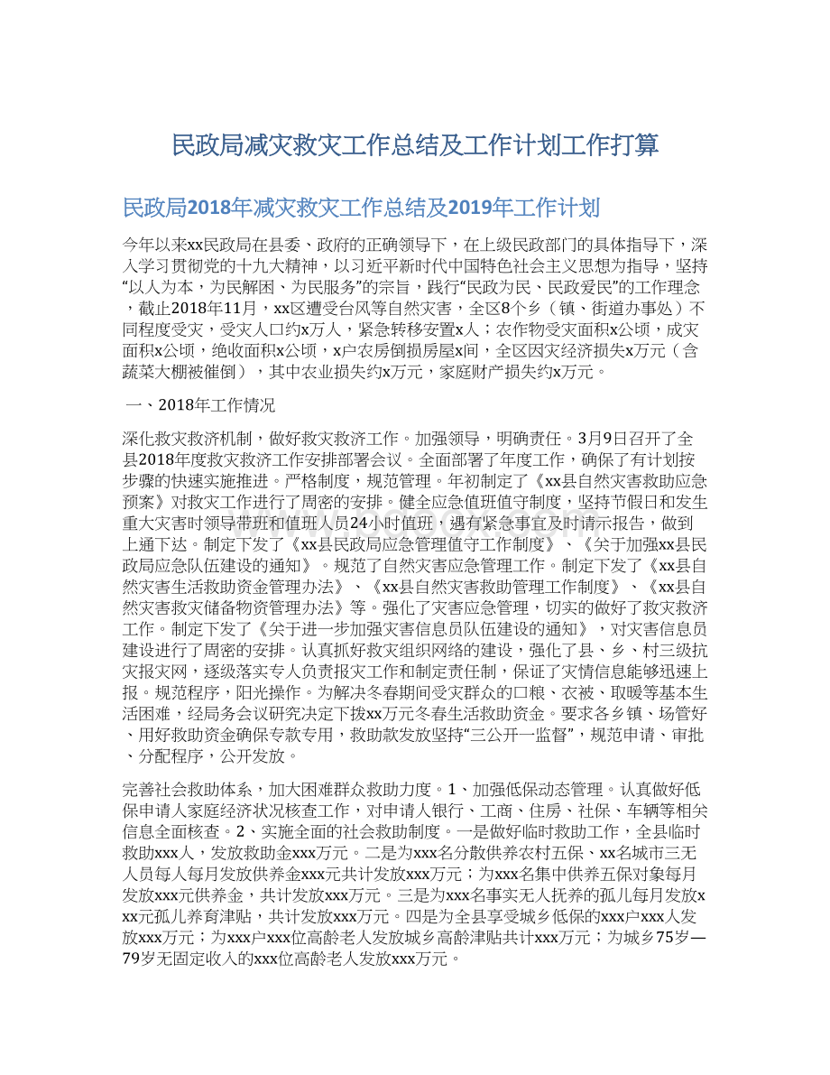 民政局减灾救灾工作总结及工作计划工作打算文档格式.docx_第1页