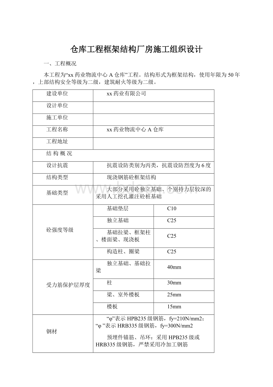 仓库工程框架结构厂房施工组织设计Word格式.docx