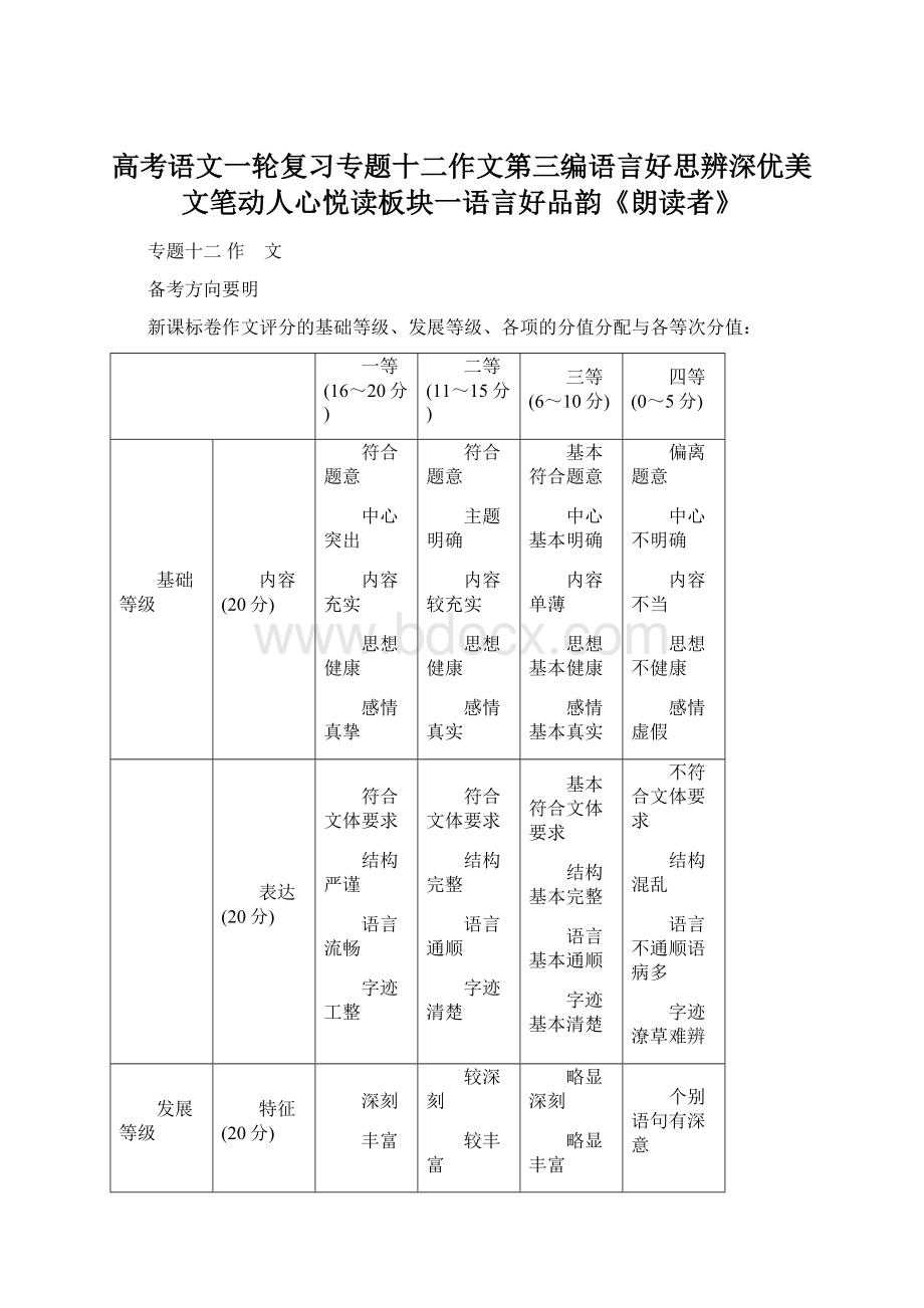 高考语文一轮复习专题十二作文第三编语言好思辨深优美文笔动人心悦读板块一语言好品韵《朗读者》.docx_第1页