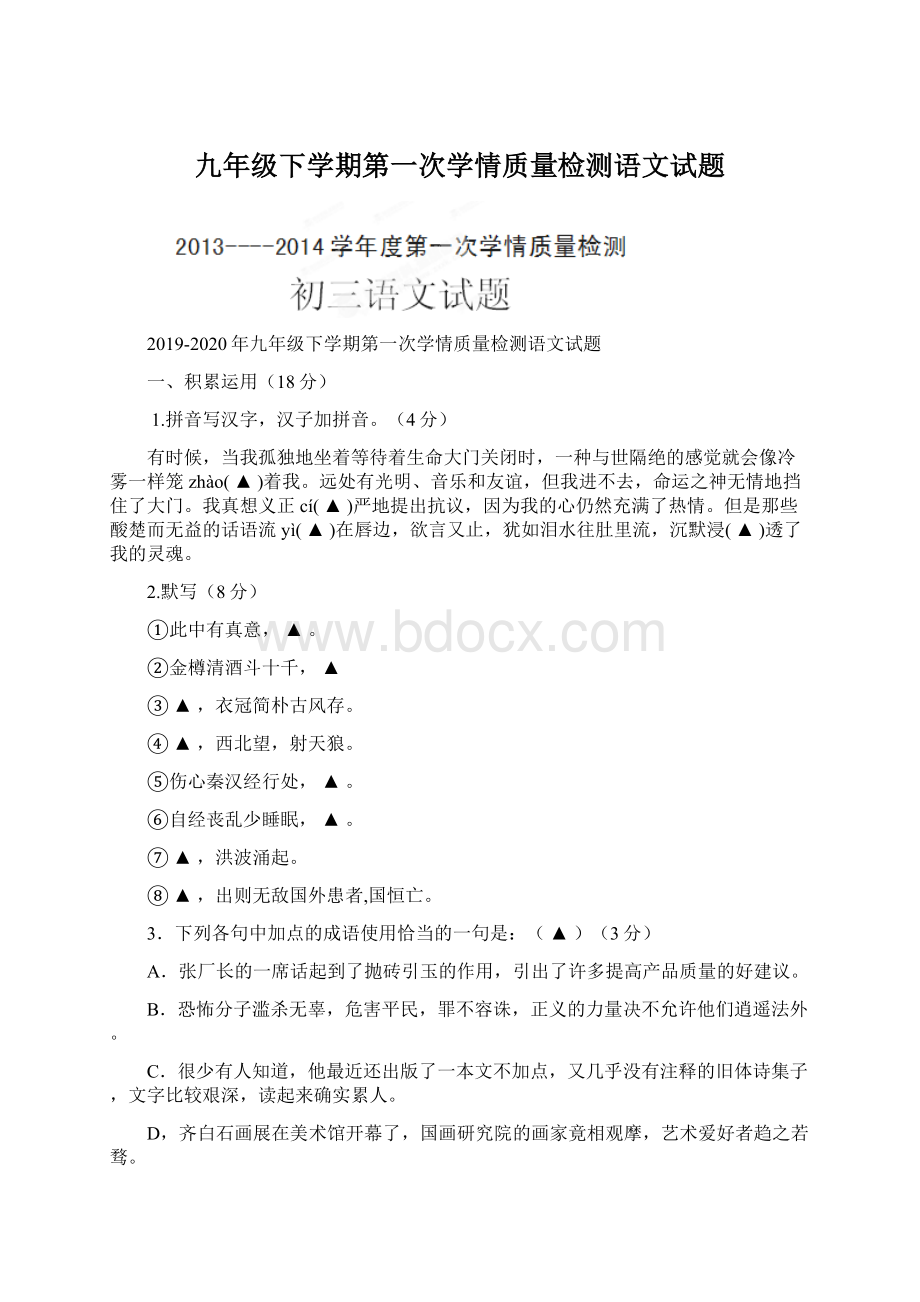 九年级下学期第一次学情质量检测语文试题.docx