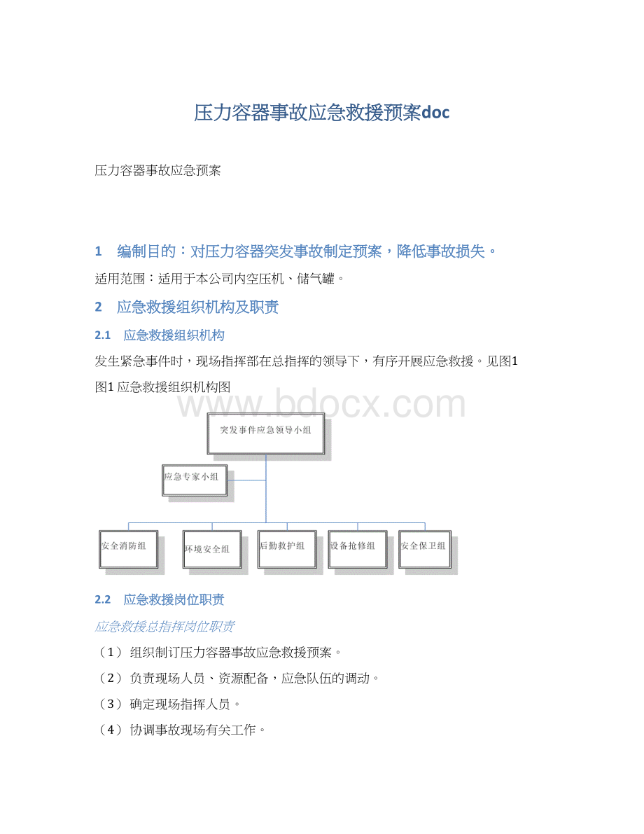 压力容器事故应急救援预案doc文档格式.docx_第1页