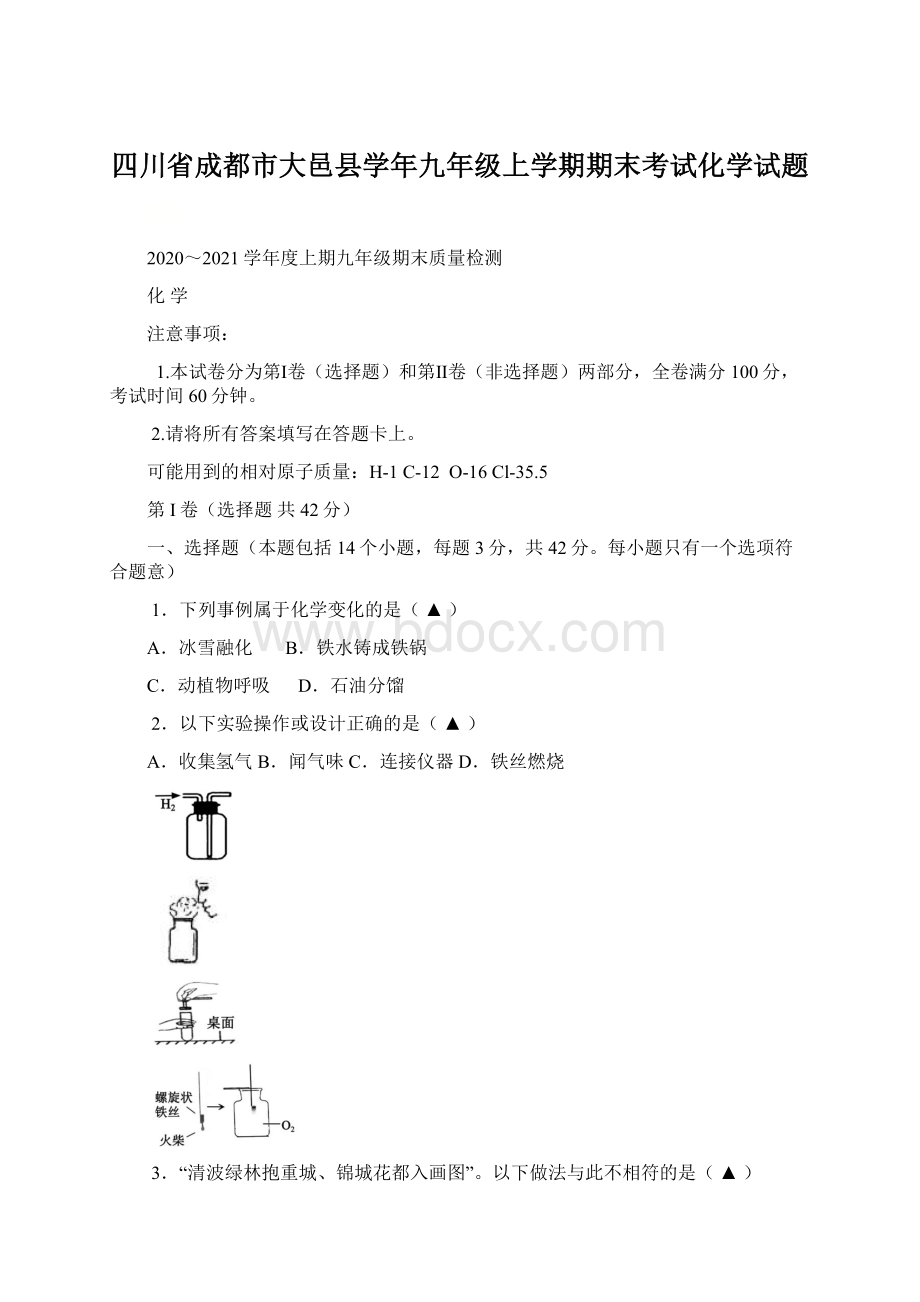 四川省成都市大邑县学年九年级上学期期末考试化学试题.docx_第1页