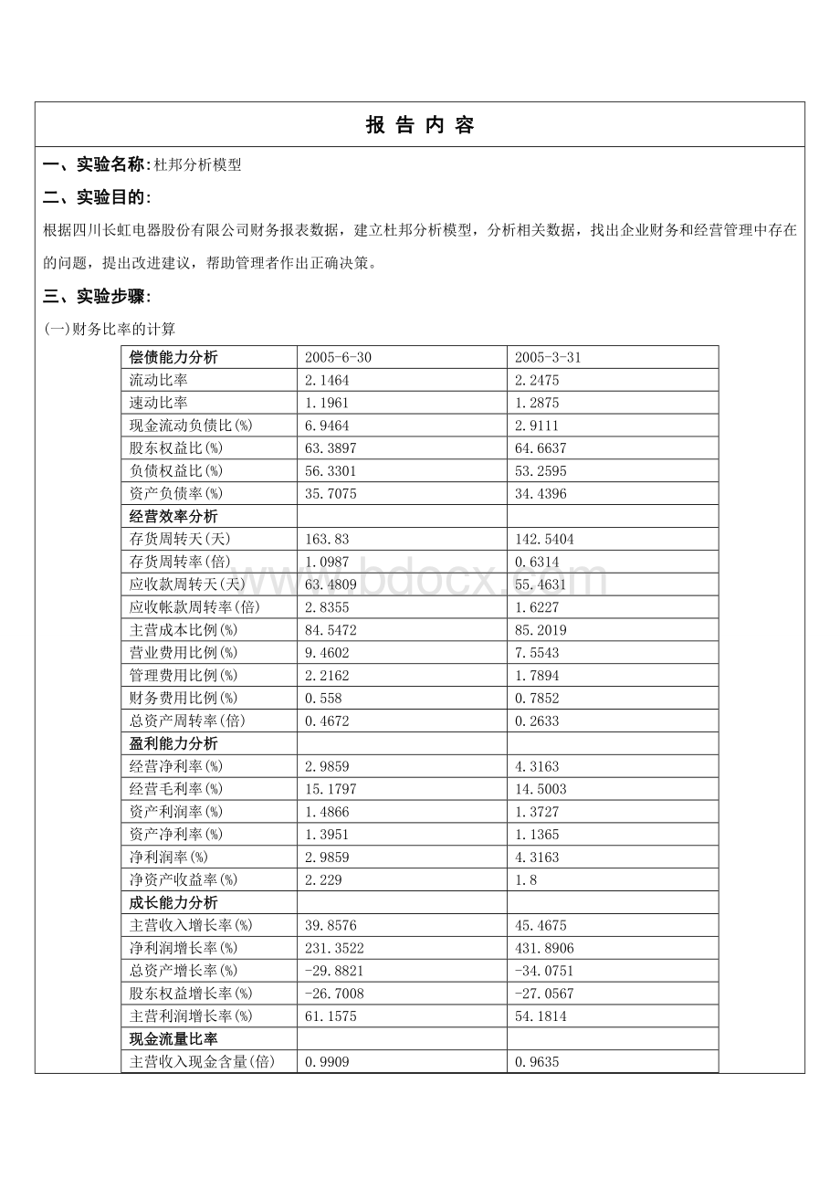 excel杜邦分析模型实验报告Word格式文档下载.doc_第2页