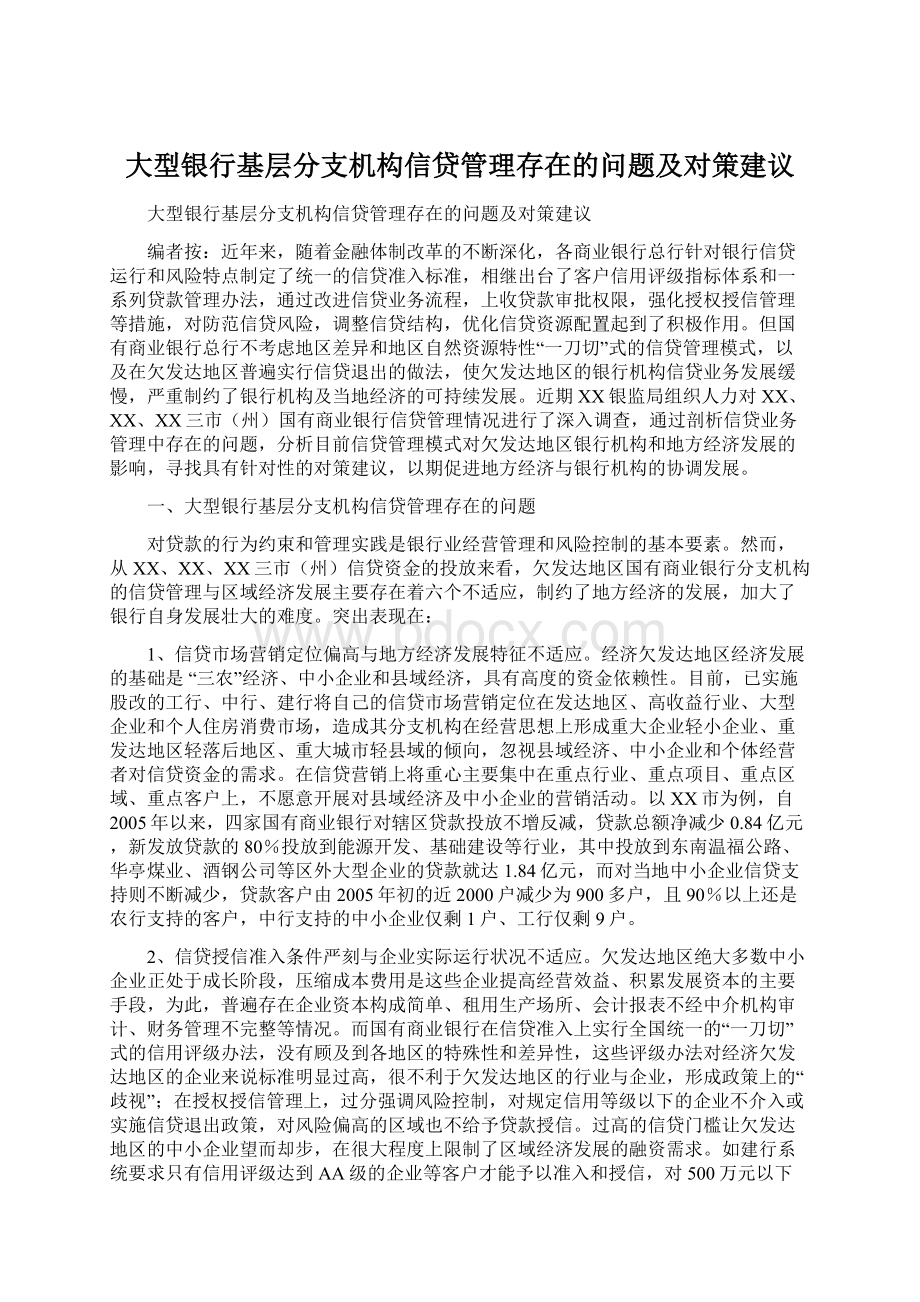 大型银行基层分支机构信贷管理存在的问题及对策建议Word文件下载.docx_第1页