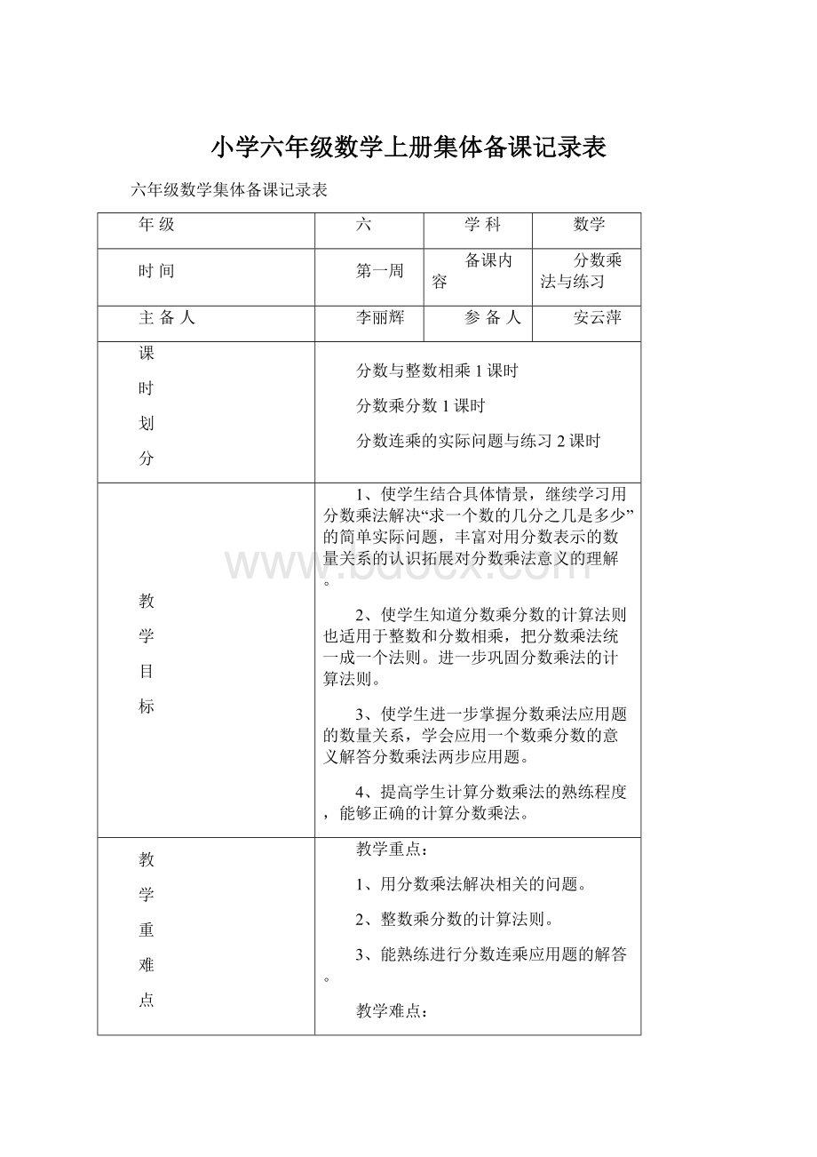 小学六年级数学上册集体备课记录表Word文档下载推荐.docx