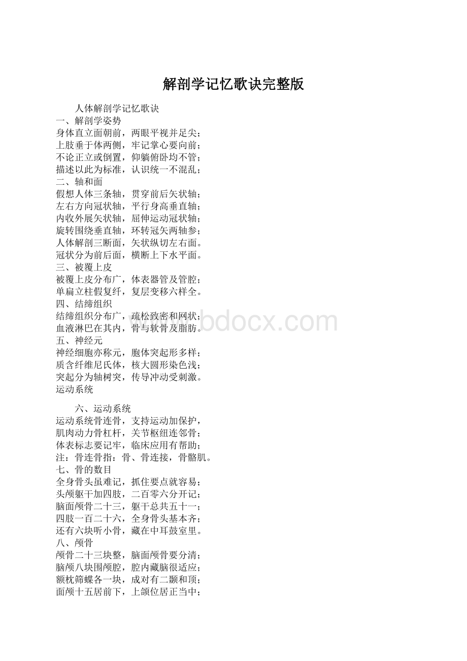 解剖学记忆歌诀完整版文档格式.docx