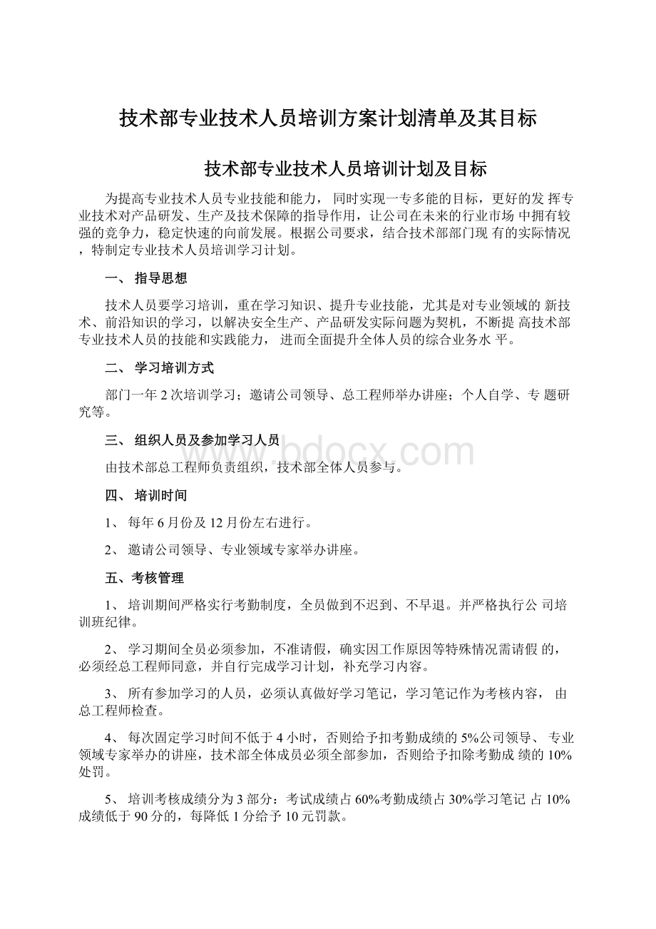 技术部专业技术人员培训方案计划清单及其目标.docx