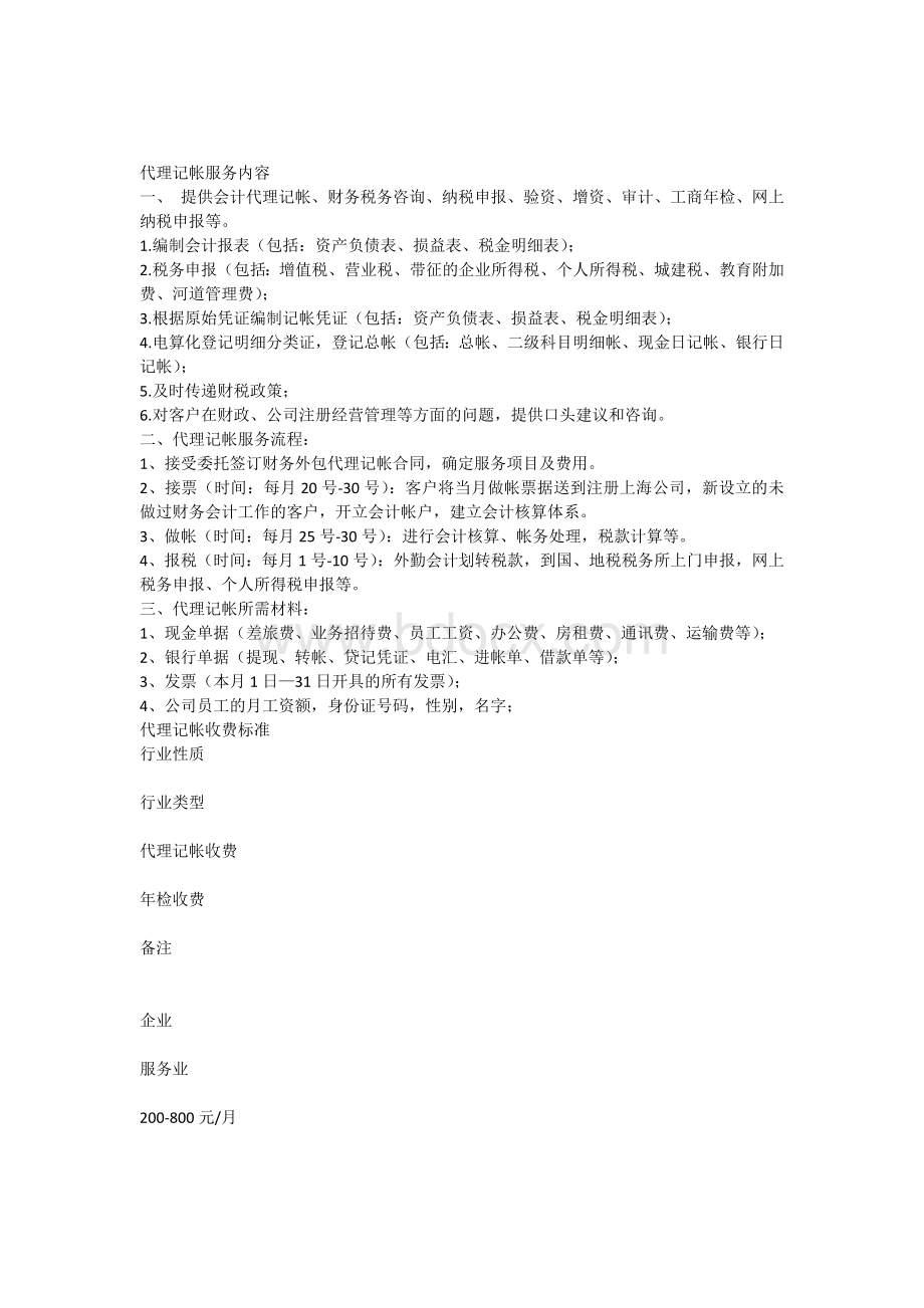 代理记帐服务内容和收费标准Word文档下载推荐.docx_第1页