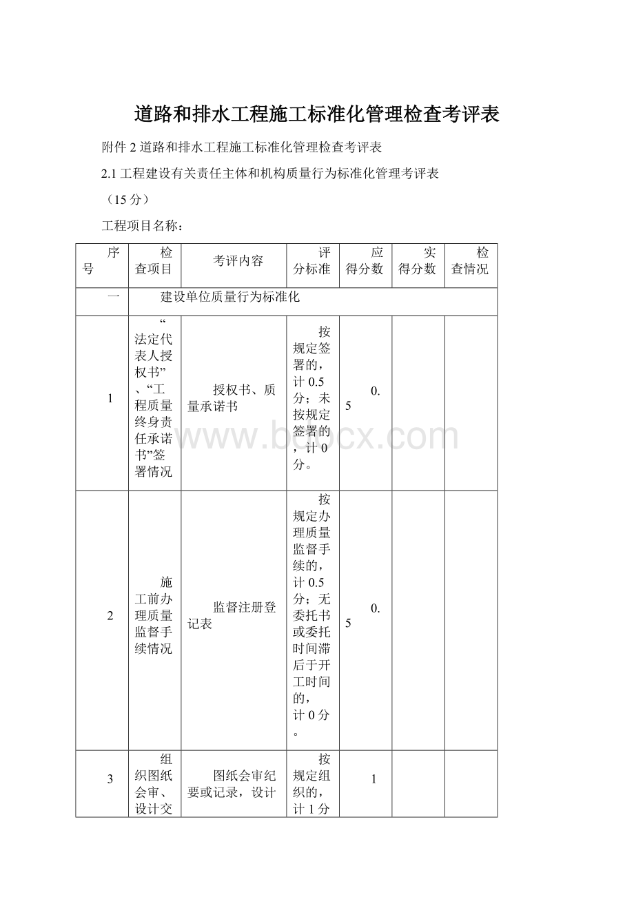 道路和排水工程施工标准化管理检查考评表Word下载.docx_第1页