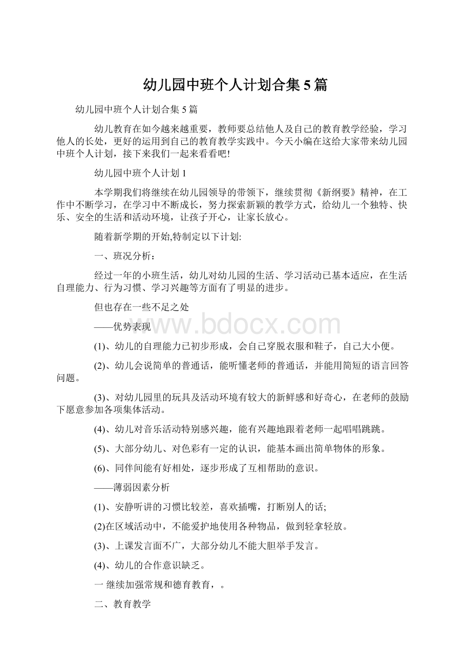 幼儿园中班个人计划合集5篇Word文档下载推荐.docx_第1页