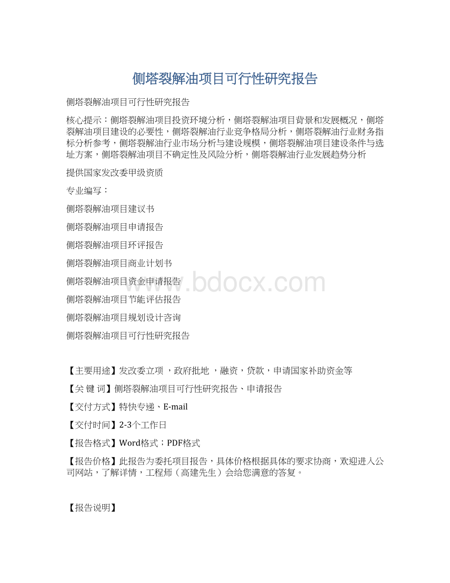 侧塔裂解油项目可行性研究报告Word格式文档下载.docx_第1页