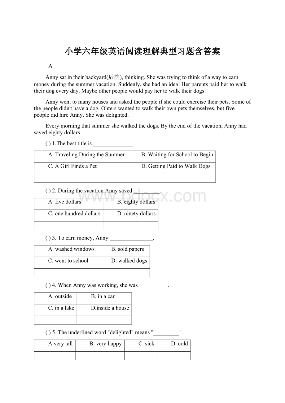 小学六年级英语阅读理解典型习题含答案.docx