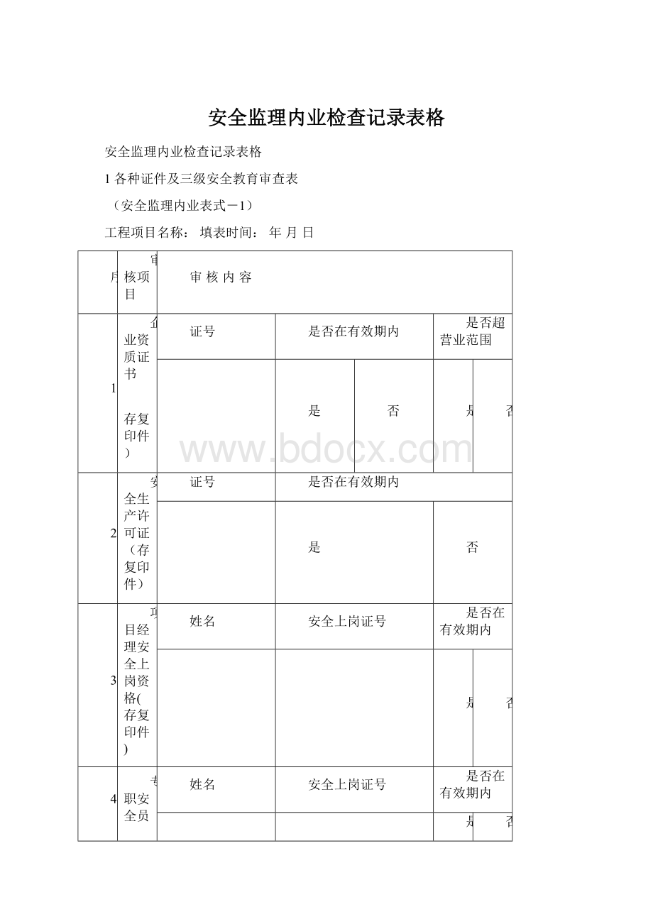 安全监理内业检查记录表格Word格式.docx_第1页