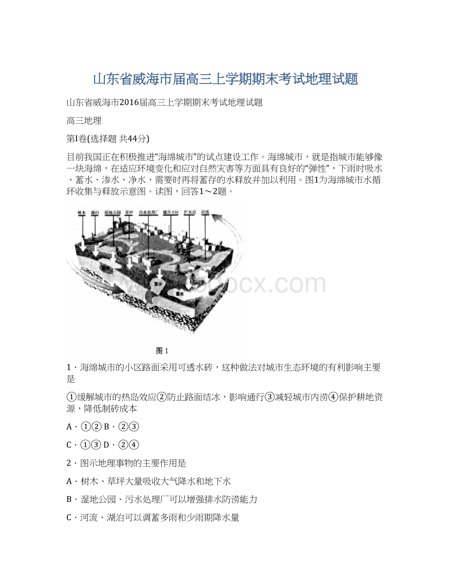 山东省威海市届高三上学期期末考试地理试题Word格式文档下载.docx