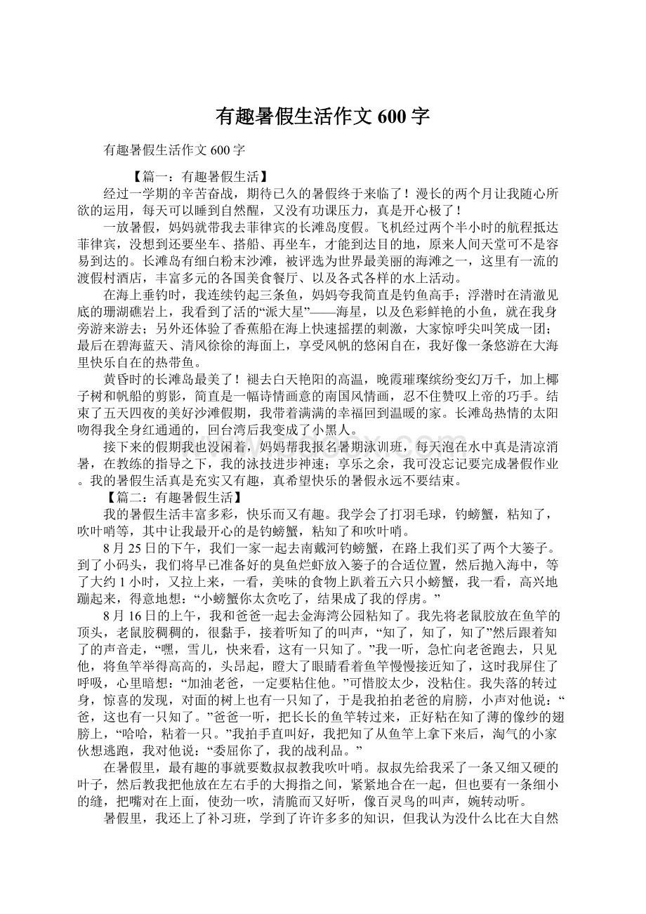 有趣暑假生活作文600字Word格式文档下载.docx_第1页