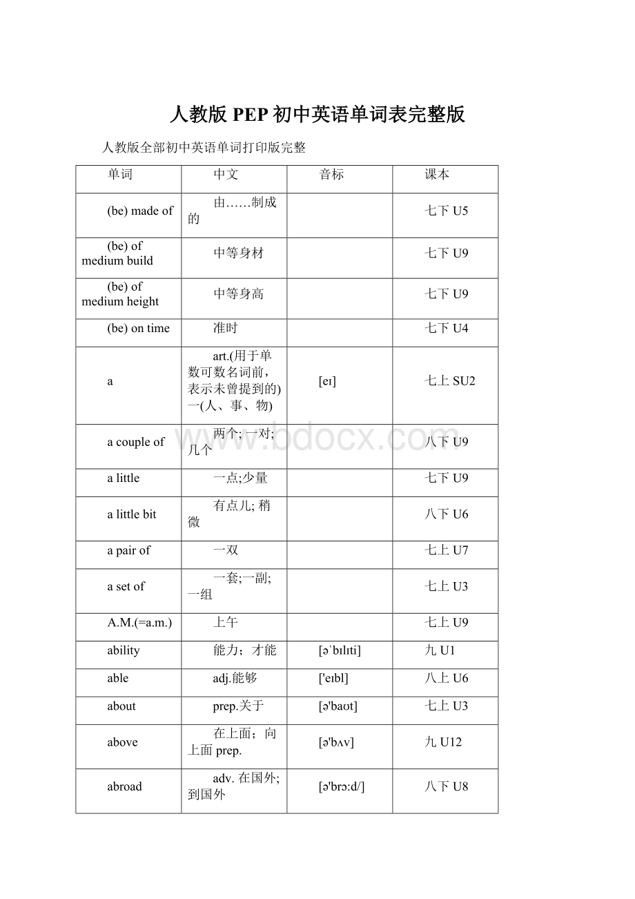 人教版PEP初中英语单词表完整版Word格式文档下载.docx_第1页