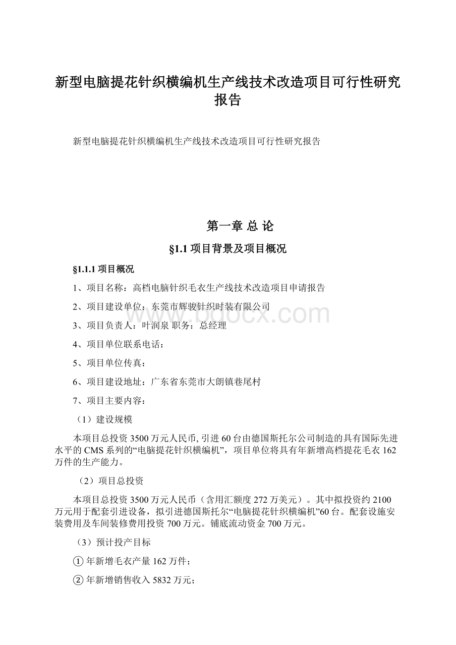 新型电脑提花针织横编机生产线技术改造项目可行性研究报告文档格式.docx_第1页