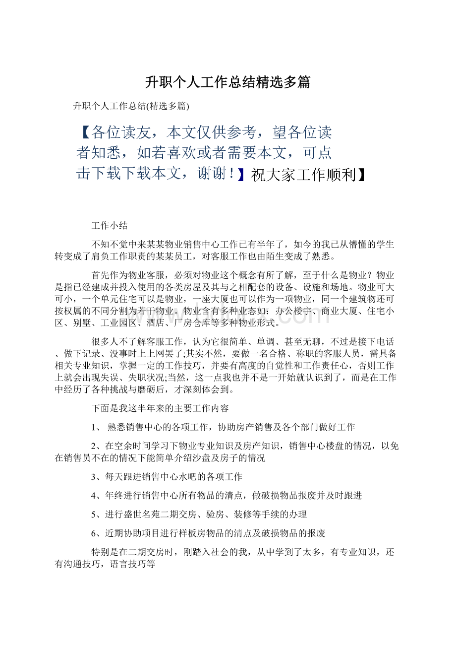 升职个人工作总结精选多篇Word文档下载推荐.docx