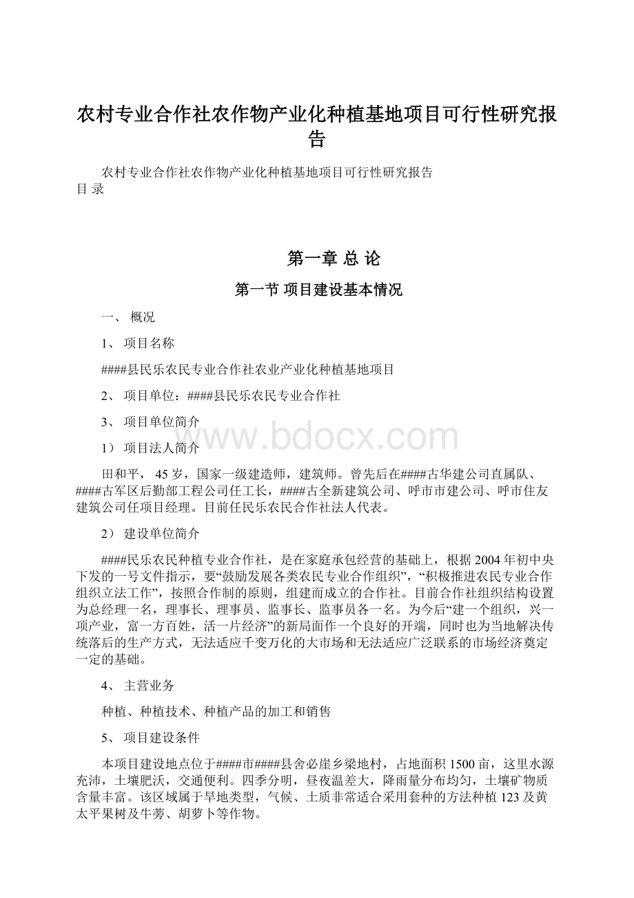 农村专业合作社农作物产业化种植基地项目可行性研究报告文档格式.docx_第1页