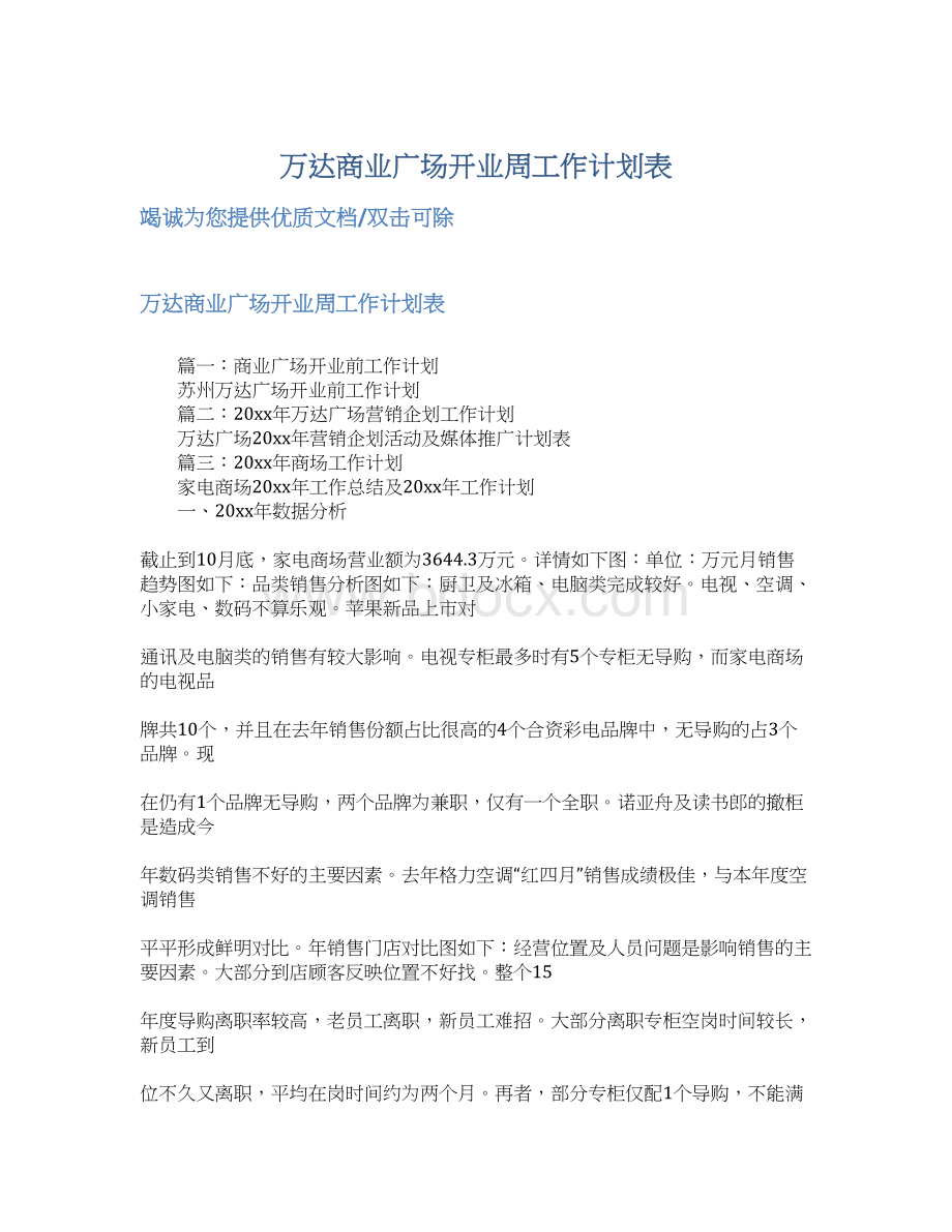 万达商业广场开业周工作计划表Word格式.docx_第1页