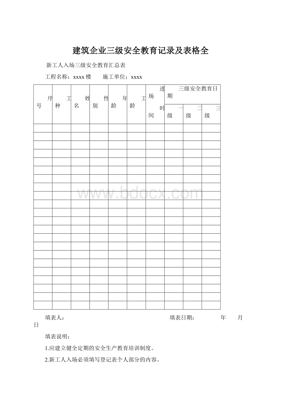 建筑企业三级安全教育记录及表格全.docx